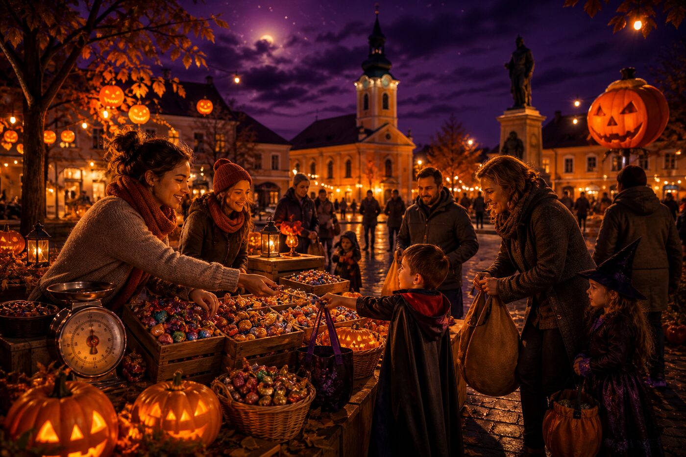 Önkéntesek a közös cukorka-készletet rendezik Halloween éjszakán
