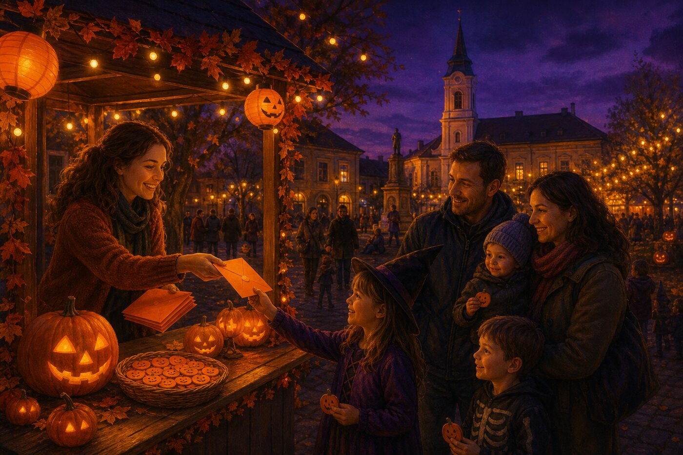 Szervező Halloween-meghívókat ad át a családoknak