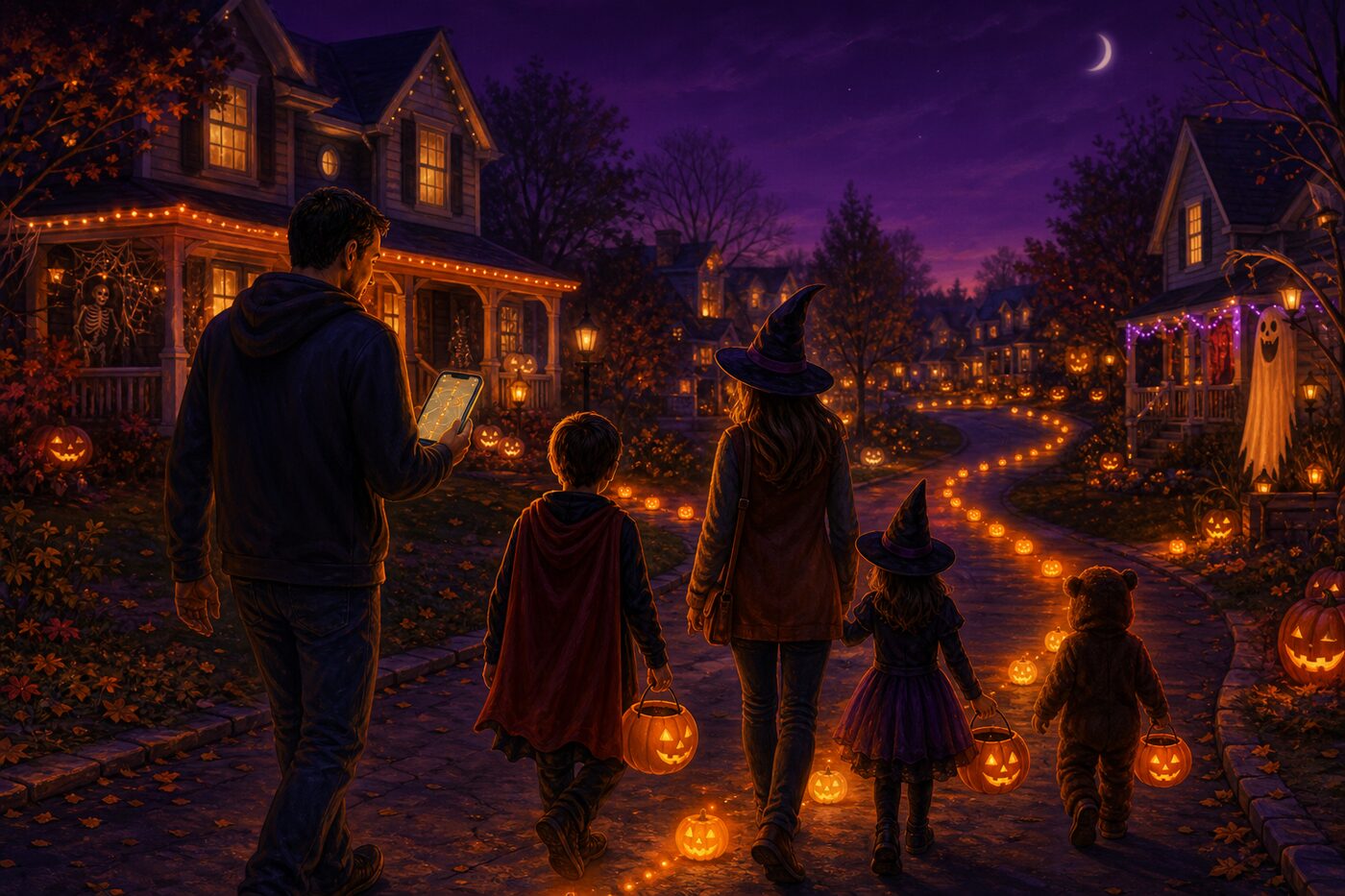 Család GPS-es útvonalon sétál házról házra Halloweenkor