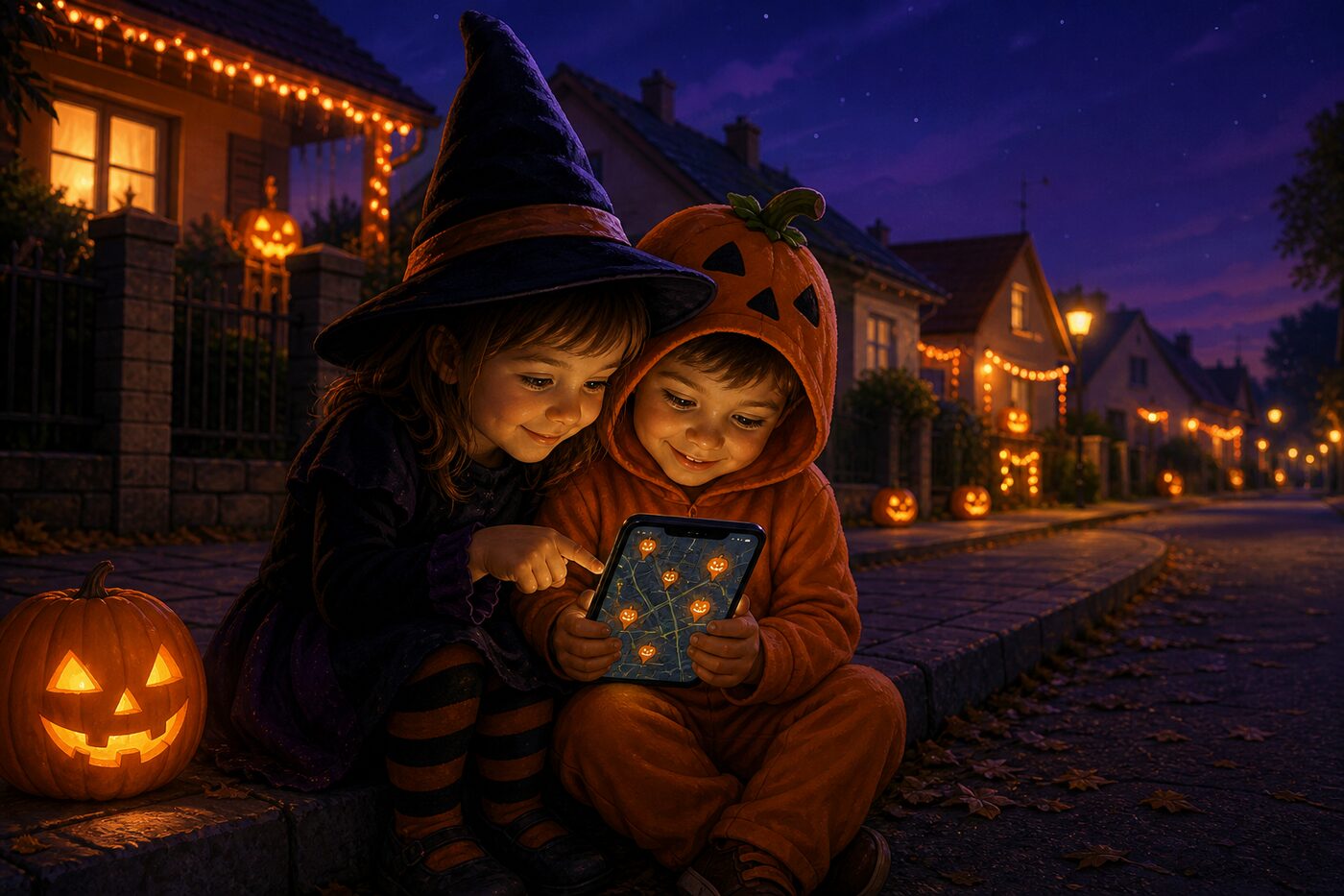 Gyerekek bakancslistát néznek a térképen Halloween éjszakán