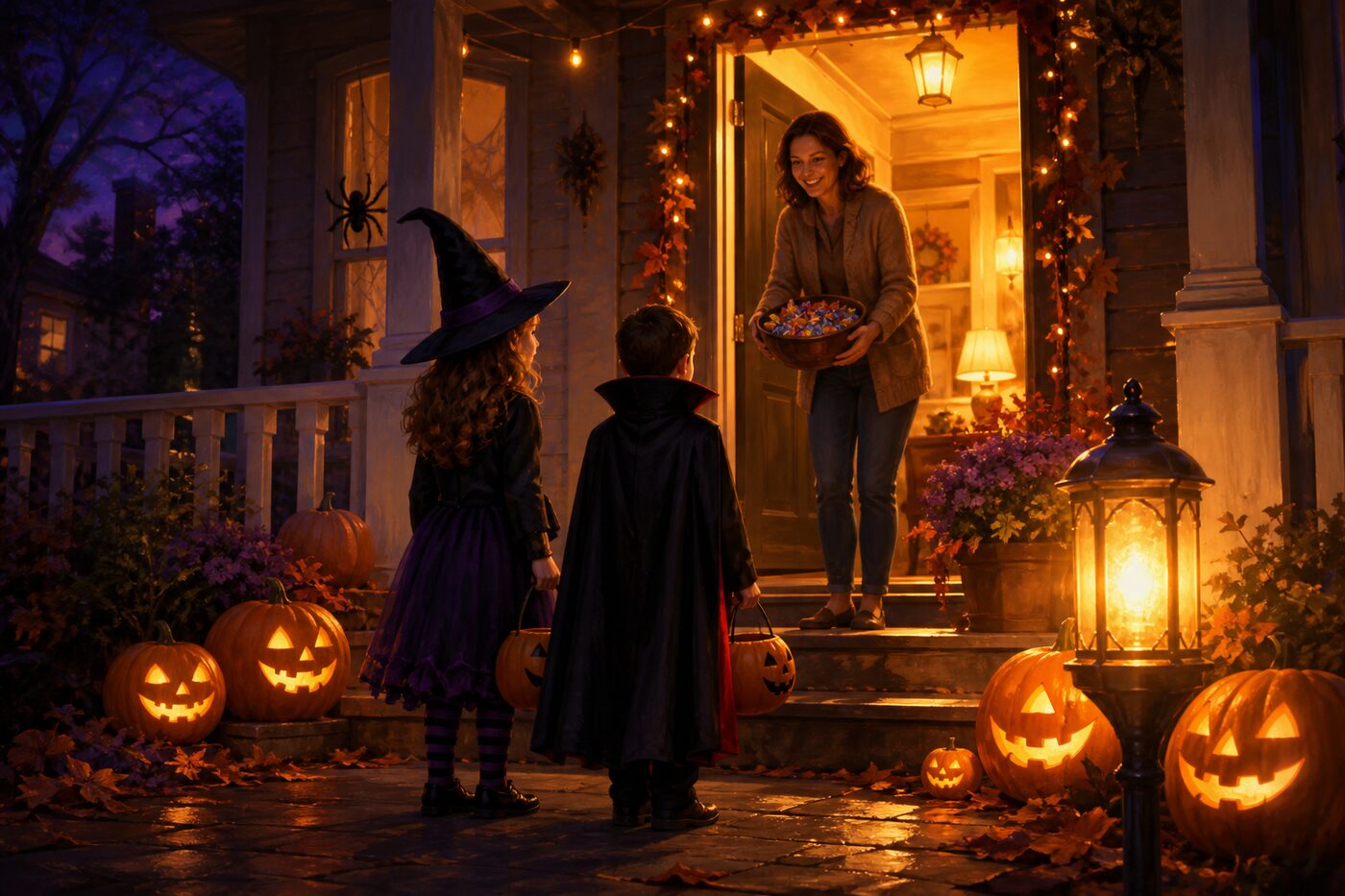 Nyitott Halloween-ház tornáca, gyerekek érkeznek cukorkáért